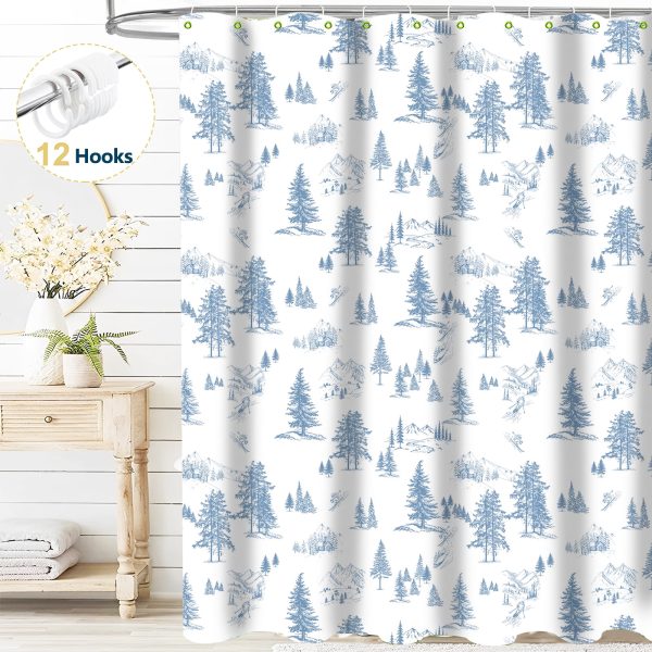 Dznils Pine Tree Shower Curtain with Hooks, Blue Forests Fabric Bathroom Curtain, 72" x 72"