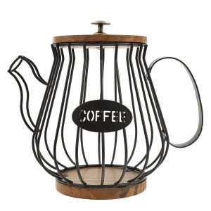 Tzdxfgl Coffee Pod Holders Basket with Wood Lid, Large Capacity K Cup Holder for Counter, Black Pot