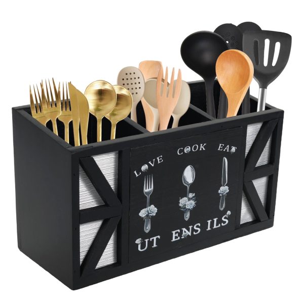 Tzdxfgl Wood Kitchen Utensil Holder, Silverware Organizer with 3 Compartments for Countertop, Black