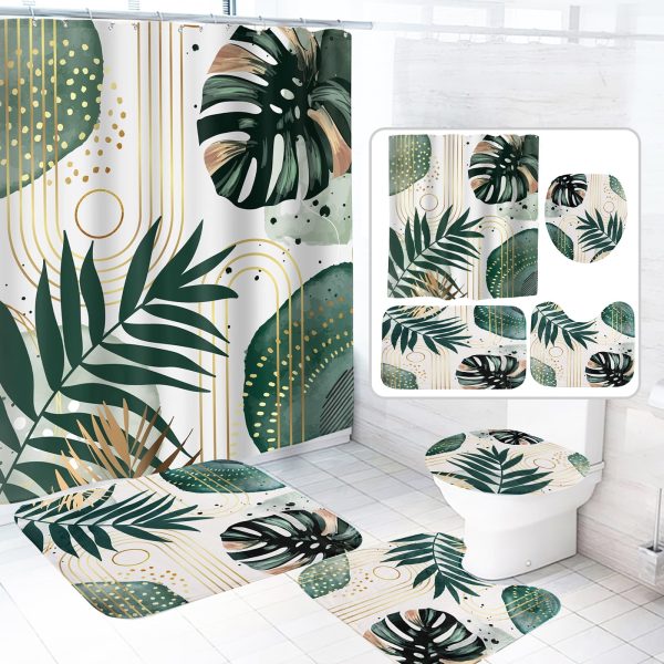 Dznils Boho Fabric Shower Curtain and Rug Sets, 16pc Modern Abstract Bathroom Curtain Sets, Green, 72" x 72"
