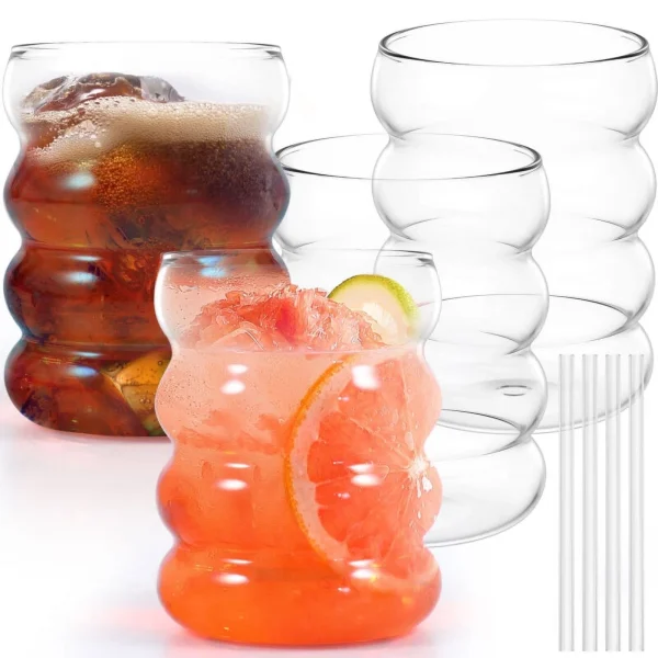 Wekvgz 4pcs Bubble Drinking Glasses with 4pcs Straws 10oz Ribbed Drinking Glass Cups Temperature Resistant Bubble Tumblers Wide Opening Ribbed Glassware Vintage Glass Cup for Cocktail Soda Juice
