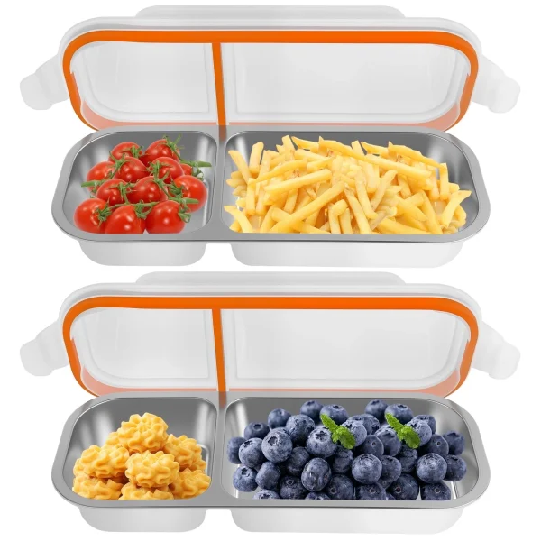 Ihvewuo 2PCS Stainless Steel Divided Snack Container with Lid for Kid Leak Proof Lunchbox Reusable Food Storage Container with Compartment for School