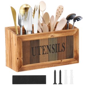 Lzvxtym Utensil Holder,Wooden Kitchen Utensil Holder,Silverware Organizer,Utensil Crock for Kitchen Counter,Utensil Caddy Countertop for Silverware Fork Spoon Spatula