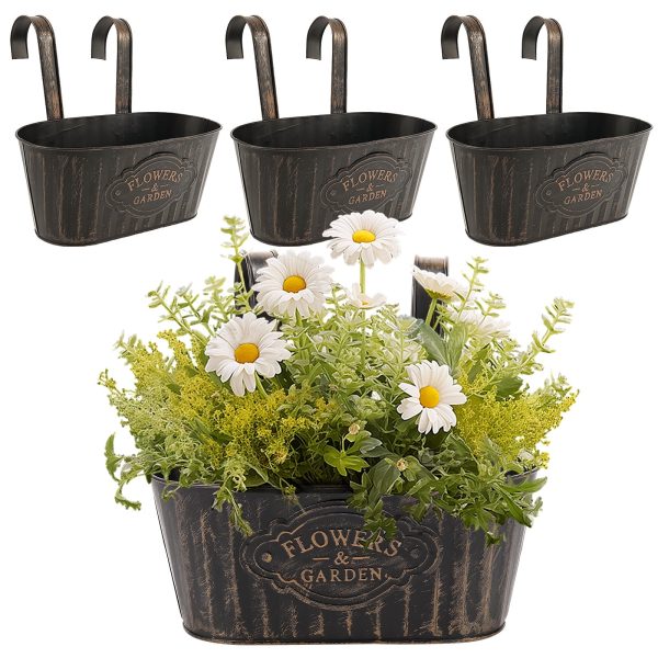 Keyohome 4Pcs Hanging Flower Pots,Metal Wall Planter,Iron Bucket Planter for Indoor Outdoor Railing Fence Balcony Garden Home Decoration with Drainage Rustproof and Detachable Hooks,Black