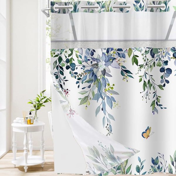 Dznils No Hook Shower Curtain with Snap-in Liner, Blue Eucalyptus Fabric Bathroom Curtain, 72" x 74"