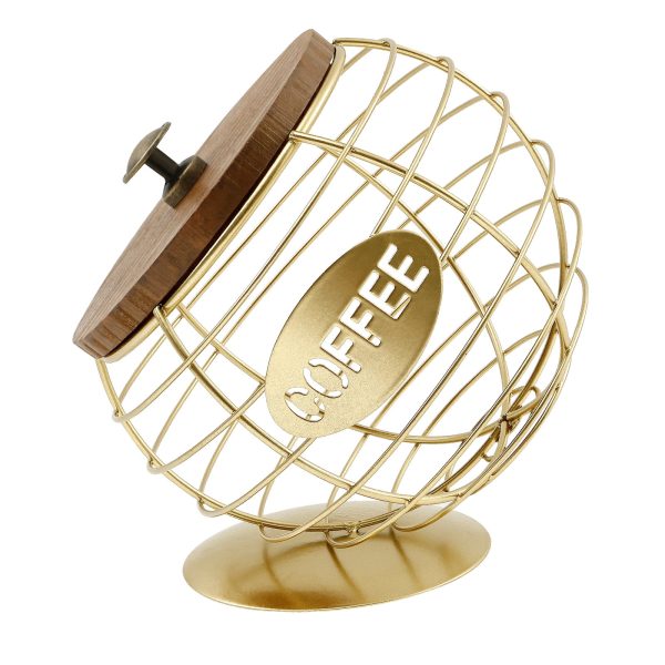 Tzdxfgl Coffee Pod Holders Basket with Wood Lid, Large Capacity K Cup Holder for Counter, Gold