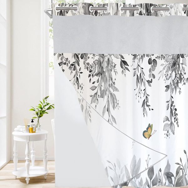 Dznils No Hook Shower Curtain with Snap-in Liner, Green Eucalyptus Fabric Bathroom Curtain, 72" x 74"