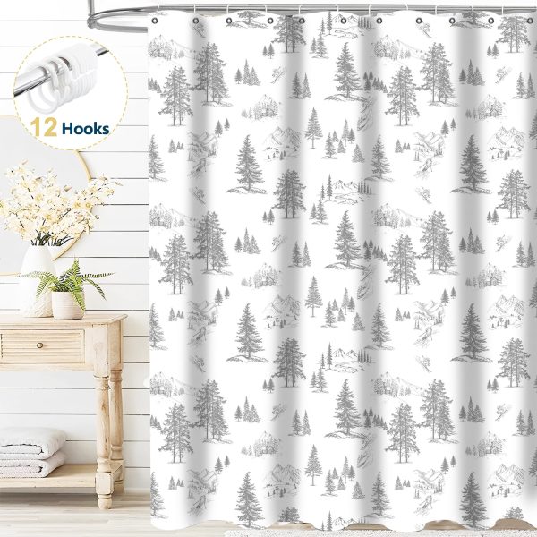 Dznils Pine Tree Shower Curtain with Hooks, Gray Forests Fabric Bathroom Curtain, 72" x 72"