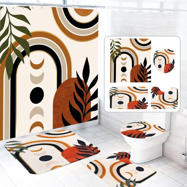 Dznils Boho Fabric Shower Curtain and Rug Sets, 16pc Modern Abstract Bathroom Curtain Sets, Brown, 72" x 72"