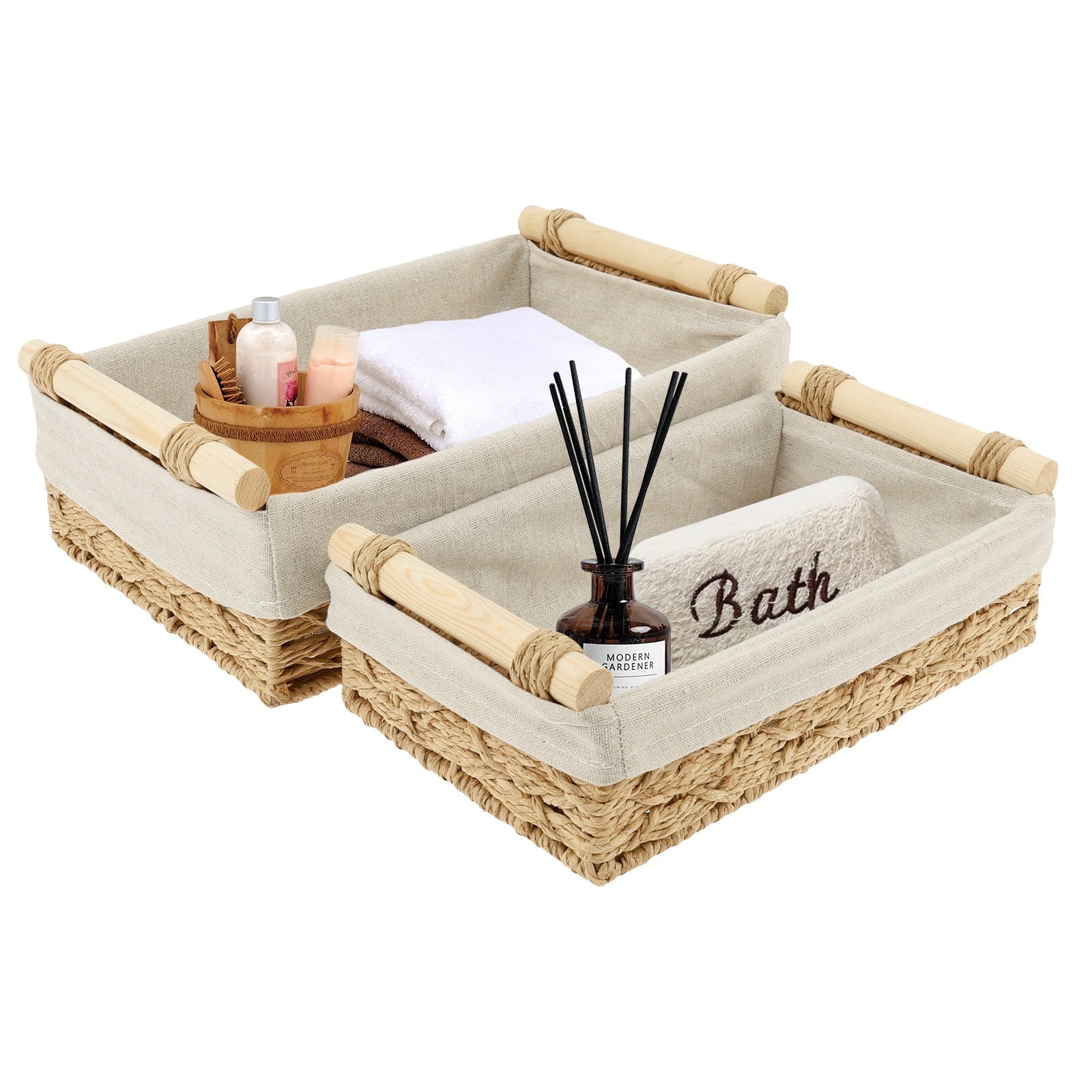 Dznils Wicker Toilet Paper Storage Basket with Handle, Bathroom Towel Organizer, Brown, Set of 2