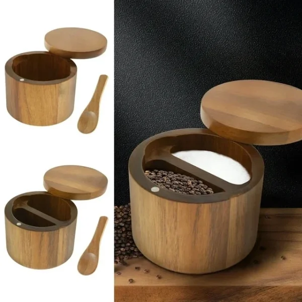 Ihvewuo 1 or 2 Compartments Acacia Wood Salt Bowl with Built in Spoon and Magnetic Swivel Lid Round Salt Cellar Kitchen Salt Holder for Storing Salt Pepper Sugar Spice