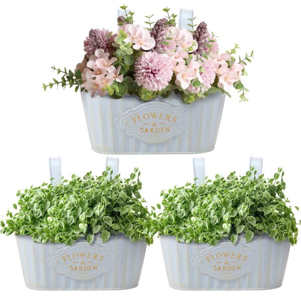 Keyohome 3Pcs Hanging Flower Pots,Metal Wall Planter,Iron Bucket Planter for Indoor Outdoor Railing Fence Balcony Garden Home Decoration with Drainage Rustproof and Detachable Hooks,Blue