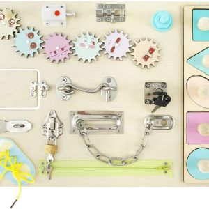 Lzvxtym Wooden Busy Board for Toddlers Montessori Sensory Toy Toddler Sensory Board Locks Latches Board Preschool Educational Learning Toy with Lacing Sorter Gears Zipper Lock