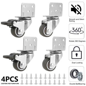 Lzvxtym Caster Wheels,Casters Set of 4 Heavy Duty,1 inch L-Shaped Rubber Caster,Ball Bearing 360 Degree Castors Wheel for Furniture Kitchen Cabinet Table,Silver