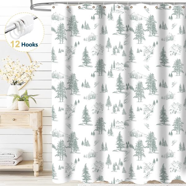 Dznils Pine Tree Shower Curtain with Hooks, Green Forests Fabric Bathroom Curtain, 72" x 72"