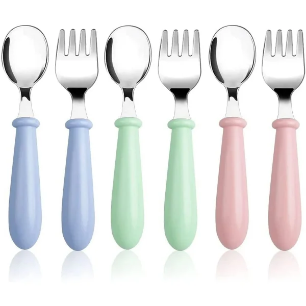 Ihvewuo 6pcs Toddler Utensils Stainless Steel Baby Forks and Spoons Silverware Set Kids Silverware Children's Flatware Kids Cutlery Set Round Handle for LunchBox, 3 x Safe Forks,3 x Children Spoons