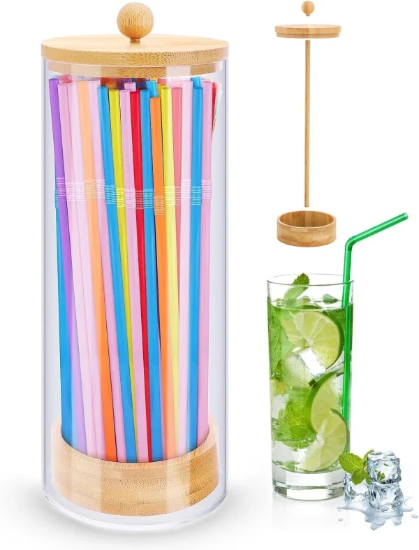 Ihvewuo Acrylic Straw Holder Dispenser with Wooden Lid Transparent Countertop Straw Storage Container Organizer for Pencil Makeup Brush