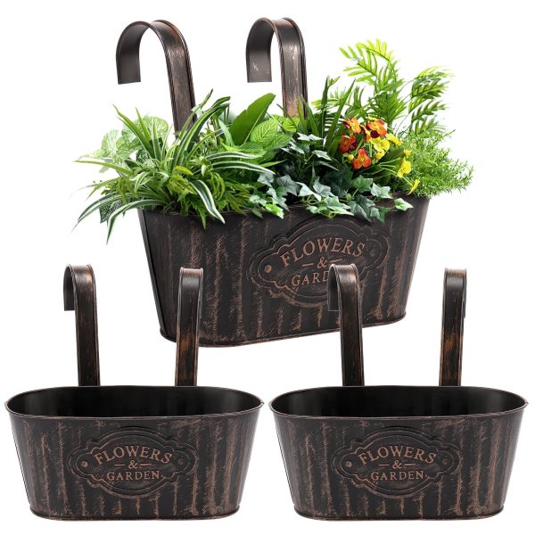 Keyohome 3Pcs Hanging Flower Pots,Metal Wall Planter,Iron Bucket Planter for Indoor Outdoor Railing Fence Balcony Garden Home Decoration with Drainage Rustproof and Detachable Hooks,Black