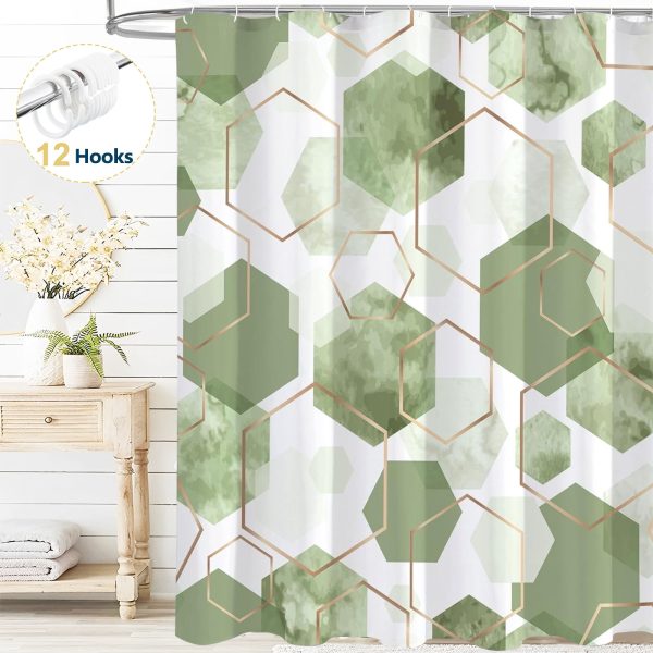 Dznils Sage Green Geometric Fabric Shower Curtain, Modern Abstract Bathroom Curtain with Hooks, 72" x 72"