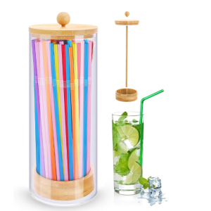 Straw Holder for Counter, 10.6 Inch Straw Organizer with Wooden Lid, Acrylic Clear Straw Dispenser for Coffee Bar & Kitchen