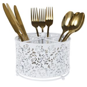 Tzdxfgl 360?? Rotating Kitchen Metal Utensil Holder, 4 Compartment Countertop Silverware Organizer, White