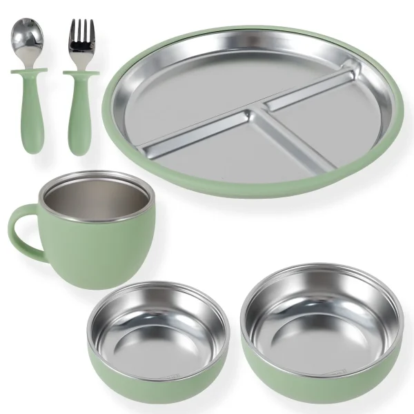 Ihvewuo 6Pcs Stainless Steel Baby Suction Plate Firm Adhesion Toddler Utensils with 4 Silicone Suction Cup Anti Drop for Children Infant