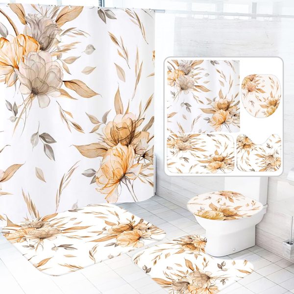 Dznils Brown Floral Shower Curtain Sets with Rugs, 16pc Watercolor Bathroom Curtains Set, 72" x 72"