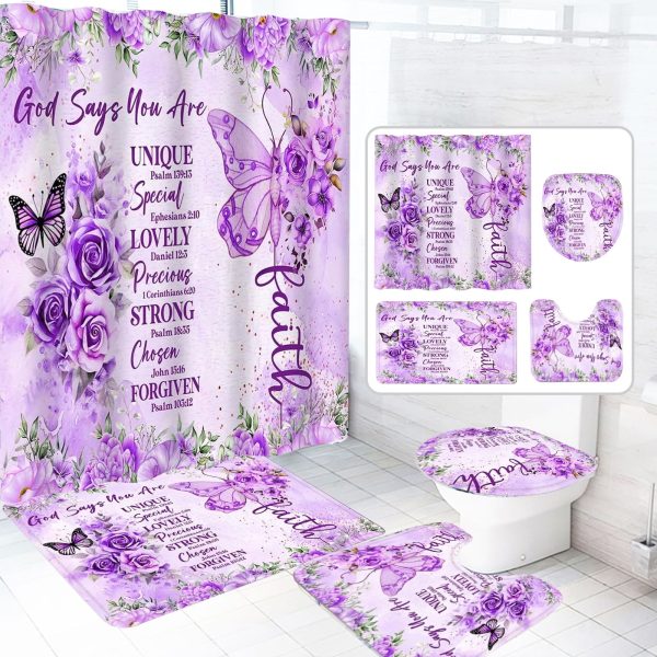 Dznils Purple Floral Shower Curtain Sets with Rugs, 16pc Butterfly Bathroom Curtain Set, 72" x 72"