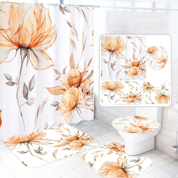 Dznils Orange Floral Shower Curtain Sets with Rugs, 16pc Watercolor Bathroom Curtains Set, 72" x 72"