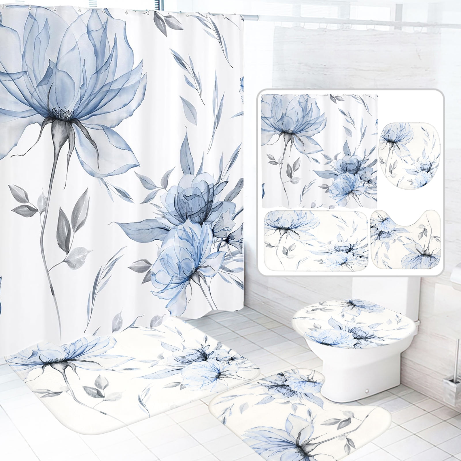 Dznils Blue Floral Shower Curtain Sets with Rugs, 16pc Watercolor Bathroom Curtains Set, 72" x 72"