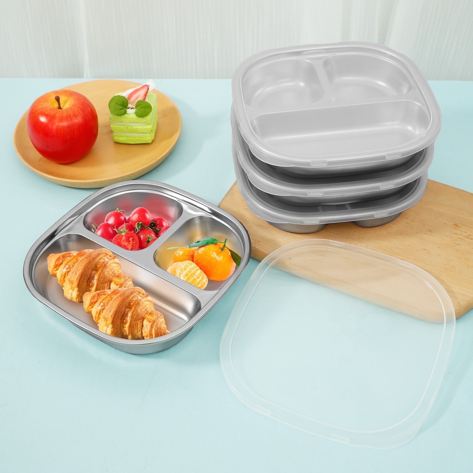 AEVXKHI 4PCS Stainless Steel Kids Plates for Picnic Camping School, Reusable Stackable Toddler Plates, Anti Rust Dishwasher Safe Divided Plates with Lid for Kids Adults