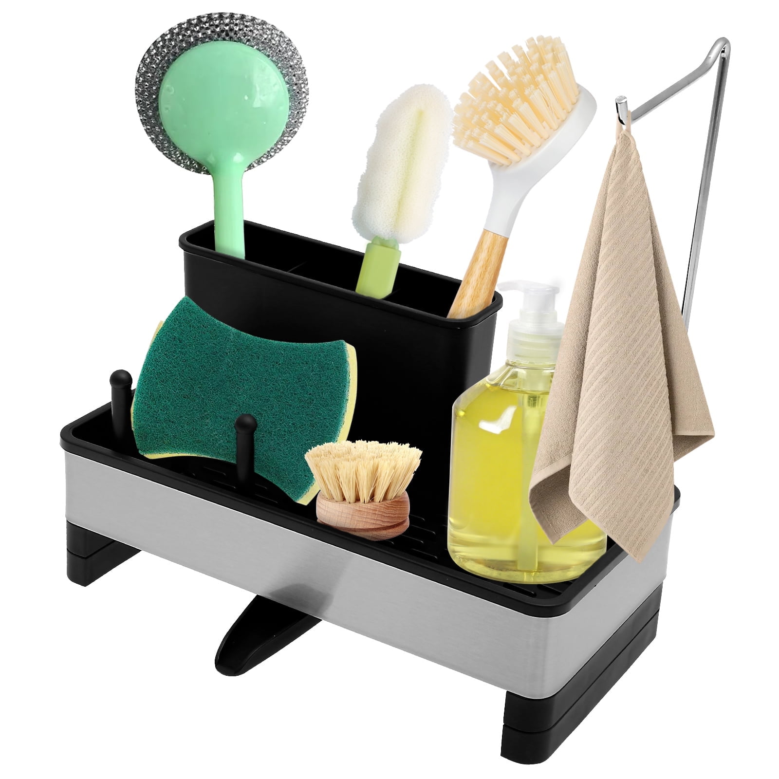 Txkrhwa Sponge Holder for Kitchen Sink, Stainless Steel Sink Caddy with Auto Drain Tray, Kitchen Sink Organizer, Dish Rag Holder with Dishcloth Holders & Towel Rack, Cutlery and Chopsticks Holder