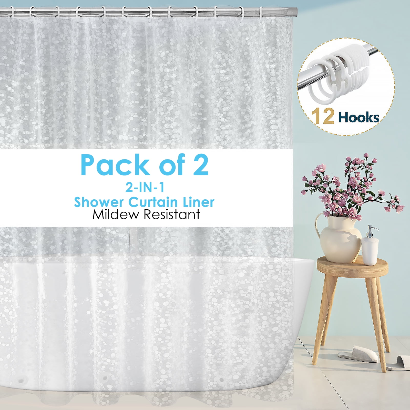 Dznils Extra Long Clear PEVA Shower Curtain Liner with Hooks Mildew Resistant, 70" W x 78" H, 3D Pebbles, 2 Pack