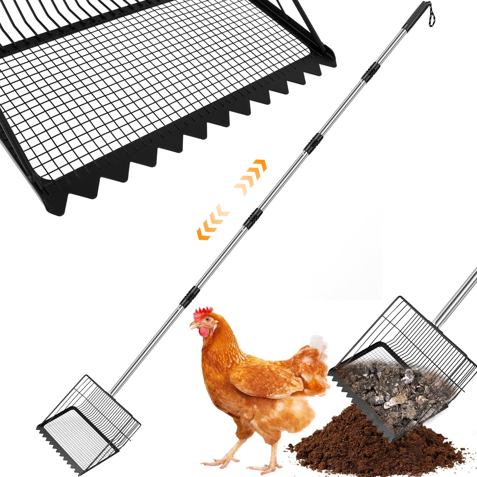Tysrjsv Chicken Poop Scooper with Adjustable Handle Stainless Steel Chicken Litter Scooper Rake with Sifting Hole Sifting Shovel Cleaning Tool for Cat Sheep Poop