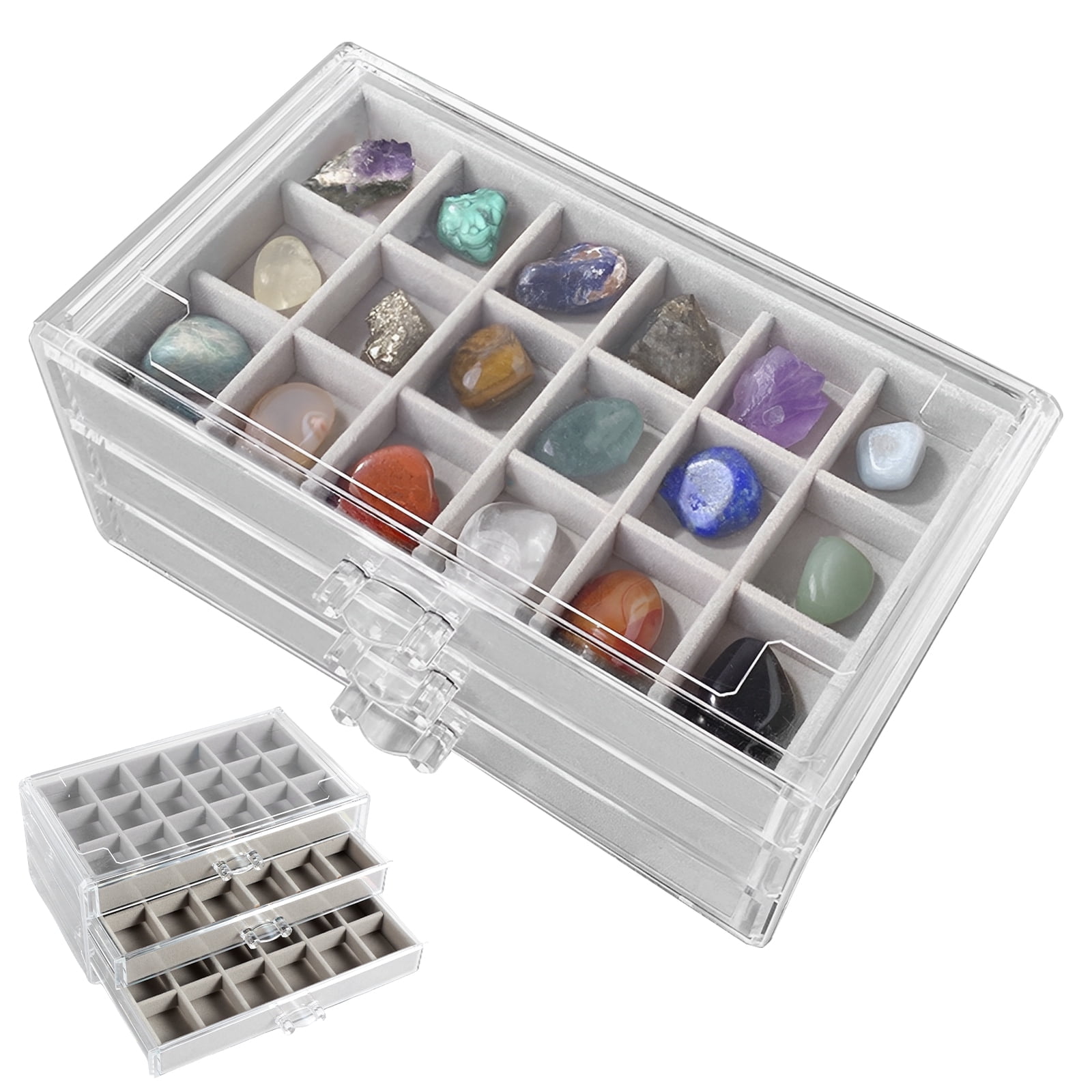 FUYGRCJ Rock Display Case 3 Drawers Rock Collection Box 54 Grids Rock Collection Display Case Clear Crystals Display Case Durable Gemstone Display Case Rock Storage Case