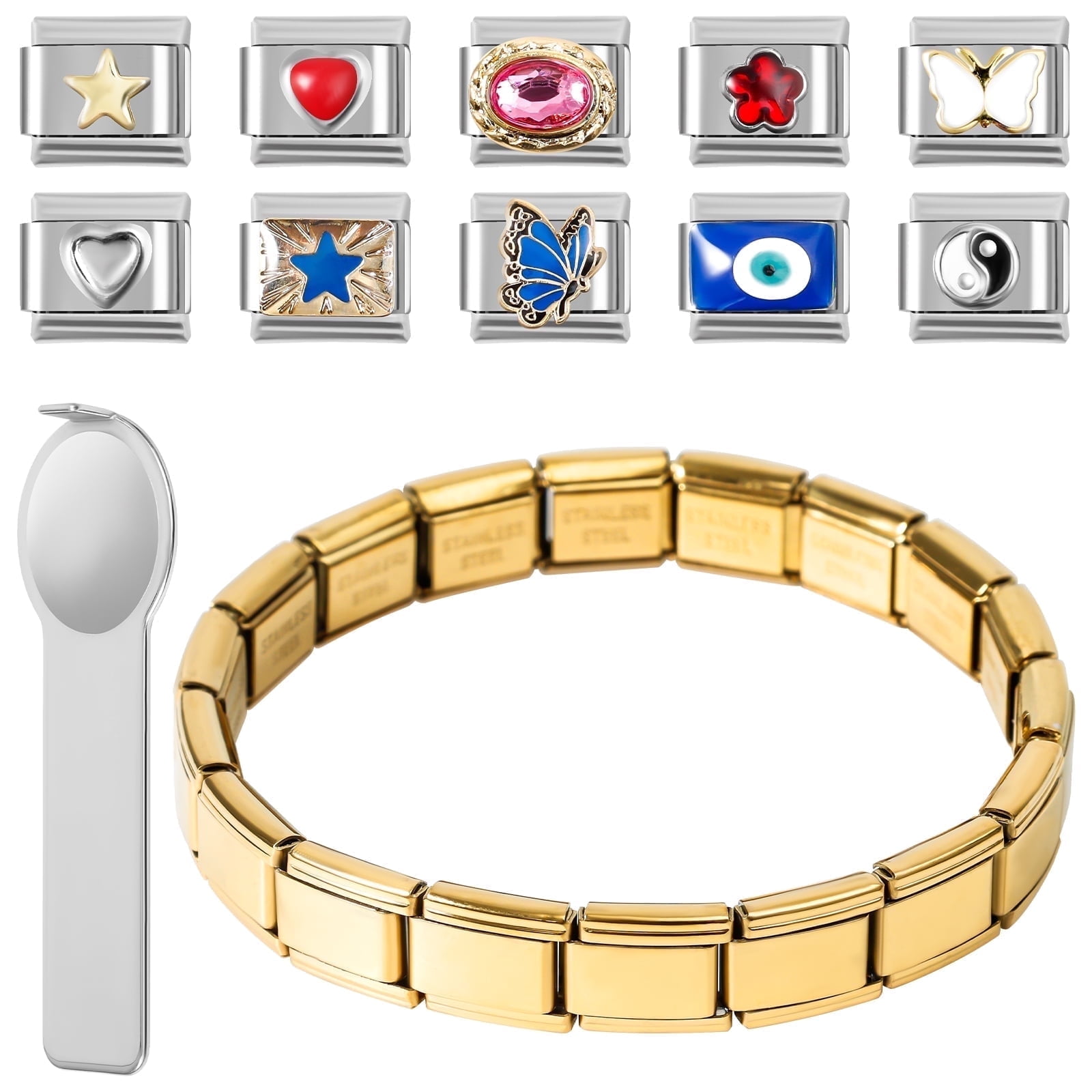 Wekvgz Modular Italian Charm Bracelet Stainless Steel Fashion DIY Modular Bracelet with Opening Tool Silver/Gold for Birthday Present
