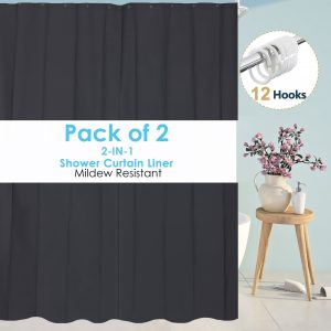 Dznils Extra Long Black PEVA Shower Curtain Liner with Hooks Mildew Resistant, 70" W x 78" H, 2 Pack