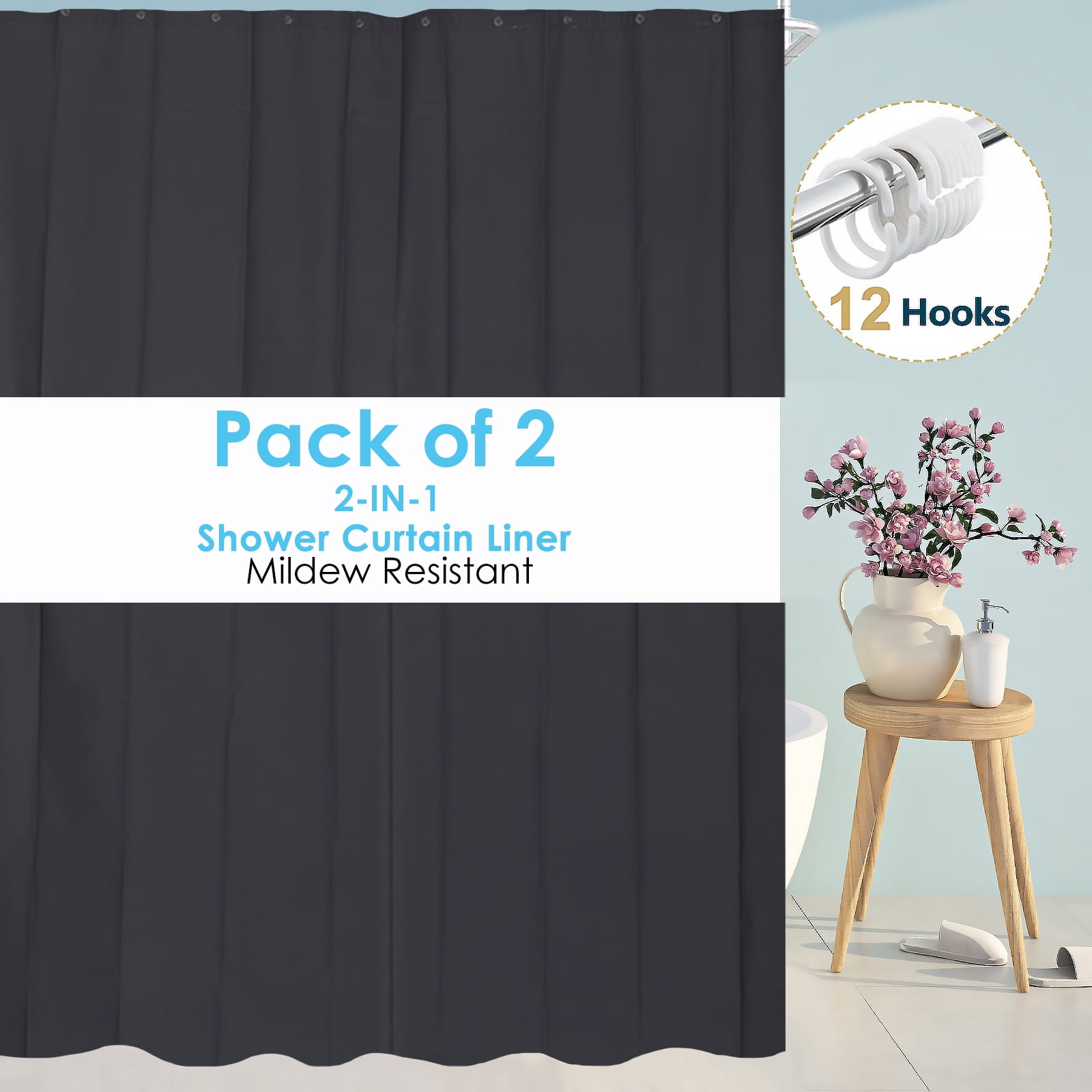 Dznils Extra Long Black PEVA Shower Curtain Liner with Hooks Mildew Resistant, 70" W x 78" H, 2 Pack