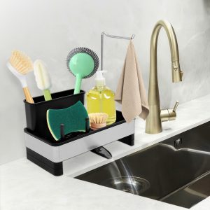 AEVXKHI Sponge Holder for Kitchen Sink, Stainless Steel Sink Caddy with Auto Drain Tray, Kitchen Sink Organizer, Dish Rag Holder with Dishcloth Holders & Towel Rack, Cutlery and Chopsticks Holder