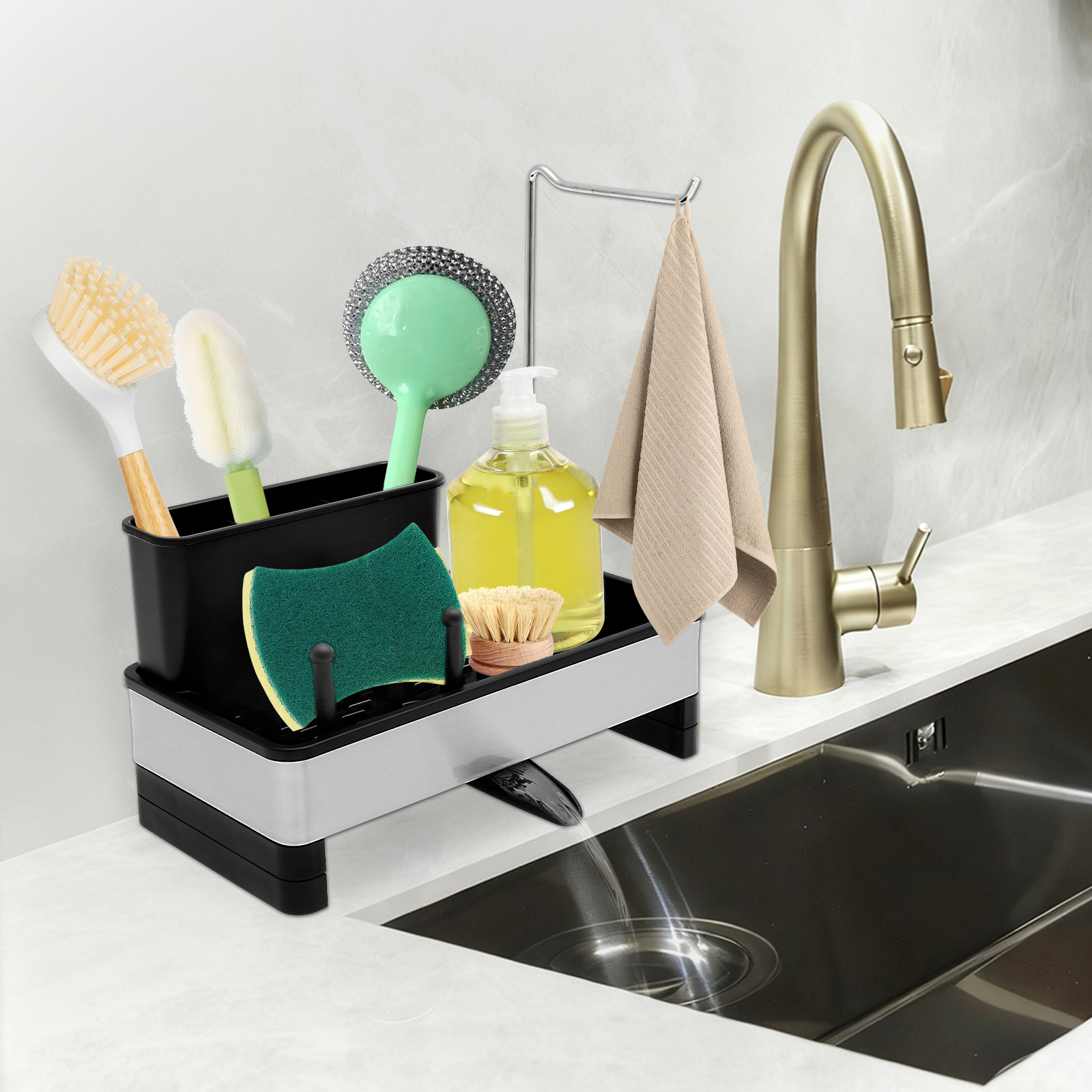AEVXKHI Sponge Holder for Kitchen Sink, Stainless Steel Sink Caddy with Auto Drain Tray, Kitchen Sink Organizer, Dish Rag Holder with Dishcloth Holders & Towel Rack, Cutlery and Chopsticks Holder