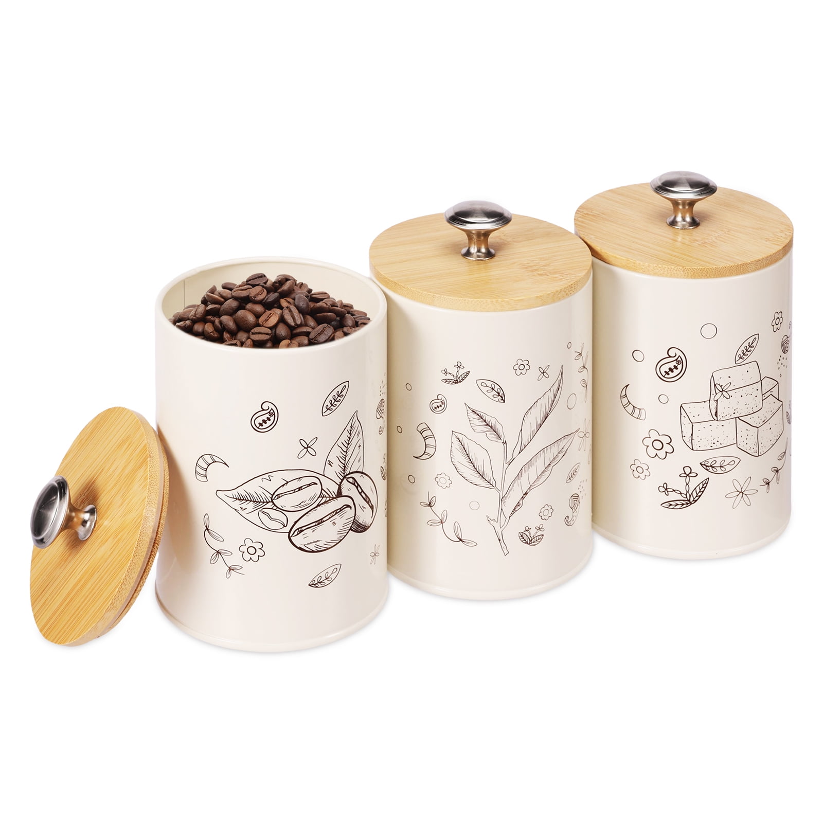 FUYGRCJ 3 Pack Airtight Metal Canister Set, 25 OZ Kitchen Airtight Food Storage Jar with Wooden Lids, Coffee Sugar Tea Storage Containers Pots Jars for Counter, Rustic Farmhouse Kitchen Decor