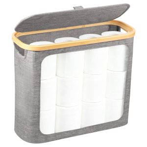 Dznils Toilet Paper Holder with Bamboo Lid for Bathroom Storage, Foldable and Waterproof, Up to 12 Rolls, Gray