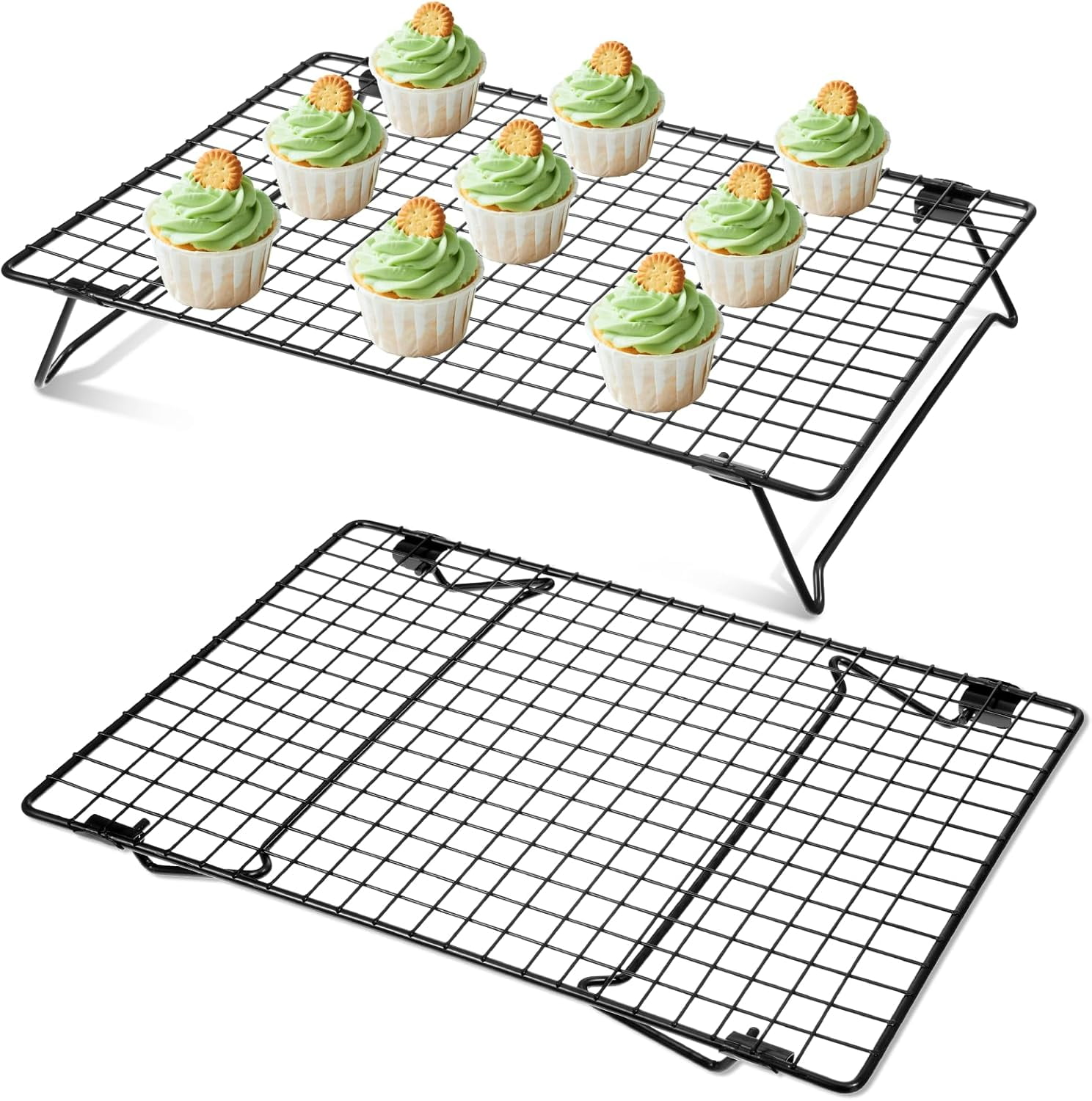 Ihvewuo 2 Pcs Cooling Rack with Collapsible Legs Carbon Steel Baking Cooling Rack Nonstick Cookie Cooling Rack Stackable Cake Cooling Rack for Baked Goods Black