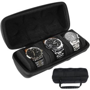 FUYGRCJ Watch Travel Case 3 Slot Fashion Watch Box Organizer with Watch Pillows, Portable Watch Holder with Zipper Black Watch Storage and Display Case for Men Gift 22x9x8.5cm