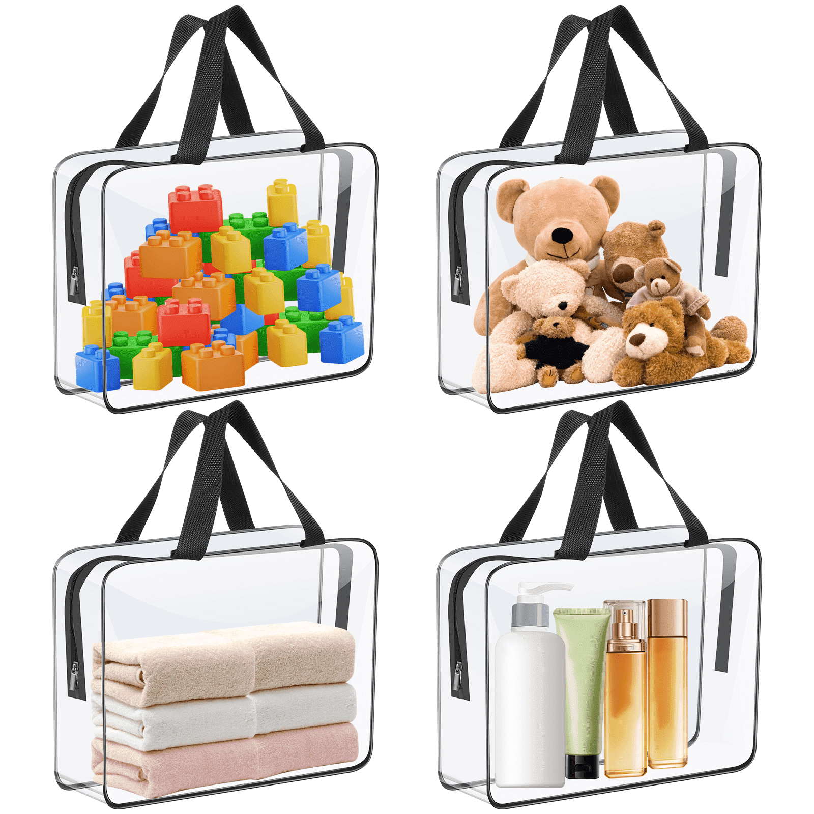 Qenwkxz 4PCS Toy Storage Bags Clear PVC Organizing Bags with Zipper Portable Handheld Toy Organizer Waterproof for Building Blocks Board Games Cosmetic 11.81*3.94*8.66in Black