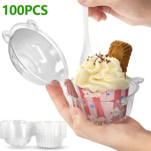 FUYGRCJ 100PCS Cake Slice Boxes, Reusable Cupcake Slice Container with Lid, Clear Single Dessert Box, Round Clamshell Plastic Food Boxes for Take Out, Home Party to Carry Cake, Dessert