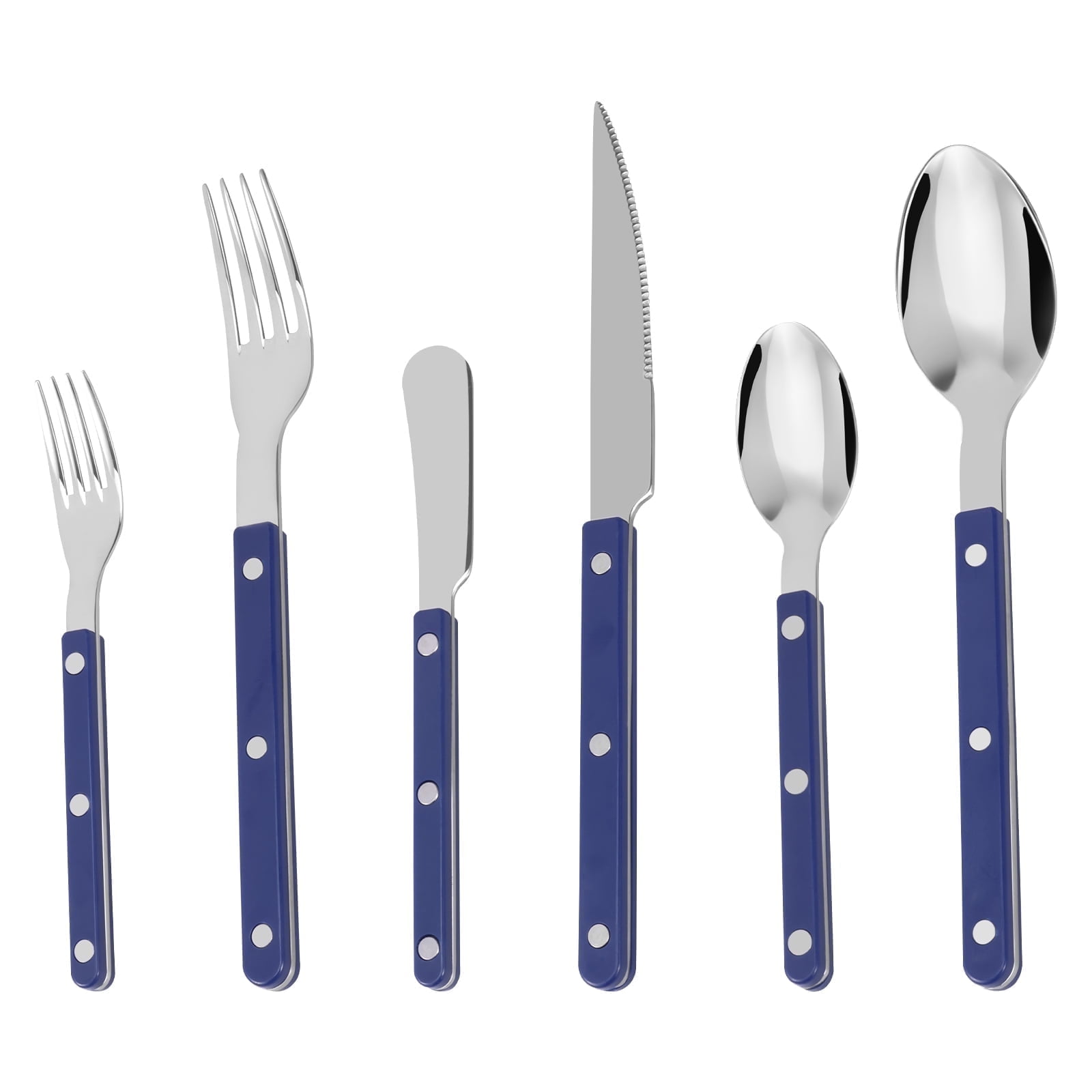 FUYGRCJ Rivet ABS Faux Wood Handle Silverware Set, 6PCS Stainless Steel Flatware with Steak Knife, Fork, Spoon, Teaspoon, Dessert Fork and Butter Knife, Elegant Tableware Cutlery for Dining