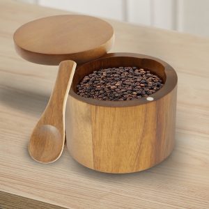 Txkrhwa 1 Compartment Acacia Wood Salt Bowl with Built in Spoon and Magnetic Swivel Lid, Round Salt Cellar, Kitchen Salt Holder for Storing Salt Pepper Sugar Spice
