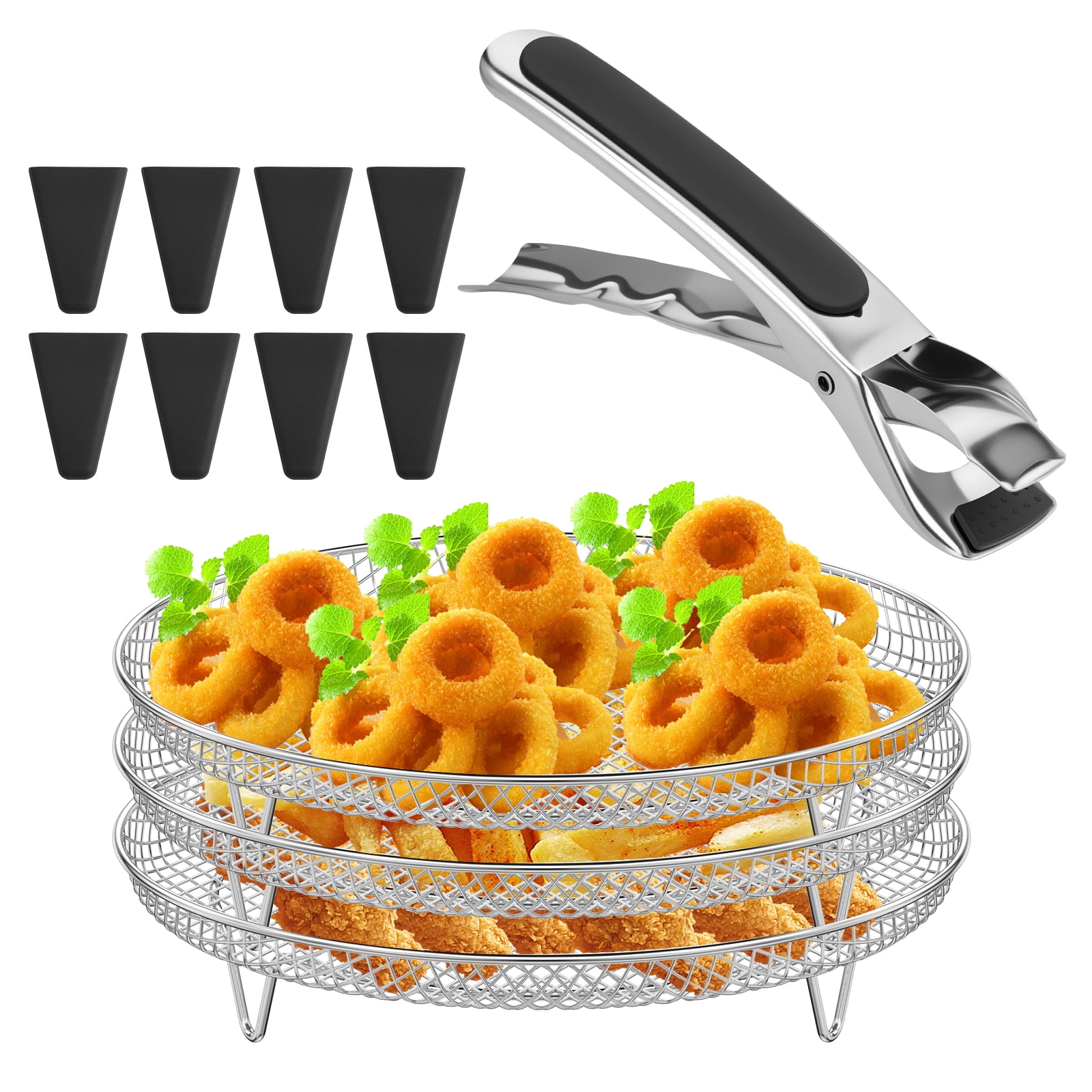 FUYGRCJ 3PCS Upgrade Air Fryer Rack, Stackable Dehydrator Racks with Spare Clip and Silicone Feet, Stainless Steel Air Fryer Basket Tray, Round Air Fryer Rack Accessories for 4.2QT-5.8QT Air Fryer