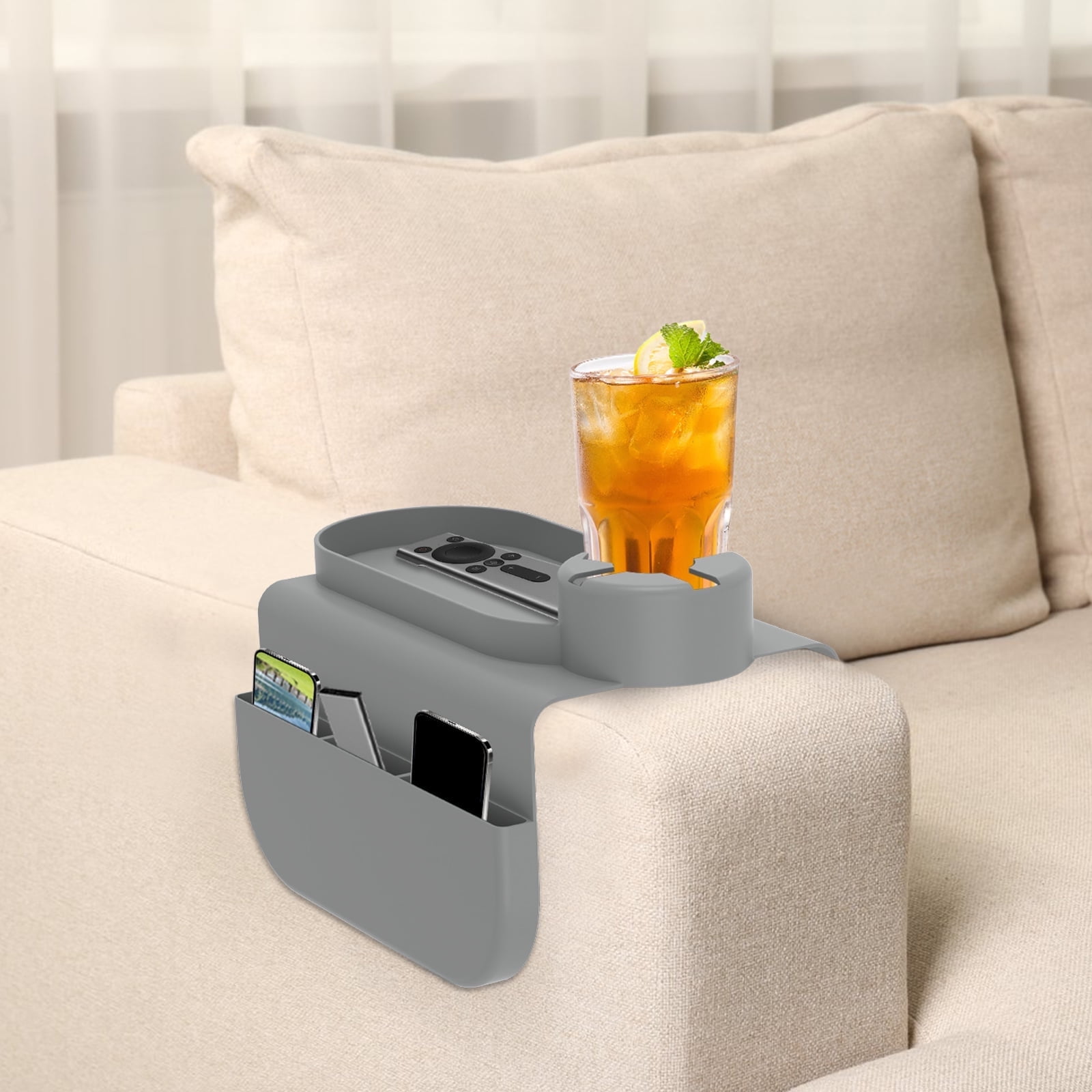 FUYGRCJ Silicone Couch Cup Holder, Anti-Spill Sofa Armrest Tray with Side Pockets, Silicone Couch Arm Tray for Remote, Sofa Table Organizer for Snacks, Drinks, Phone